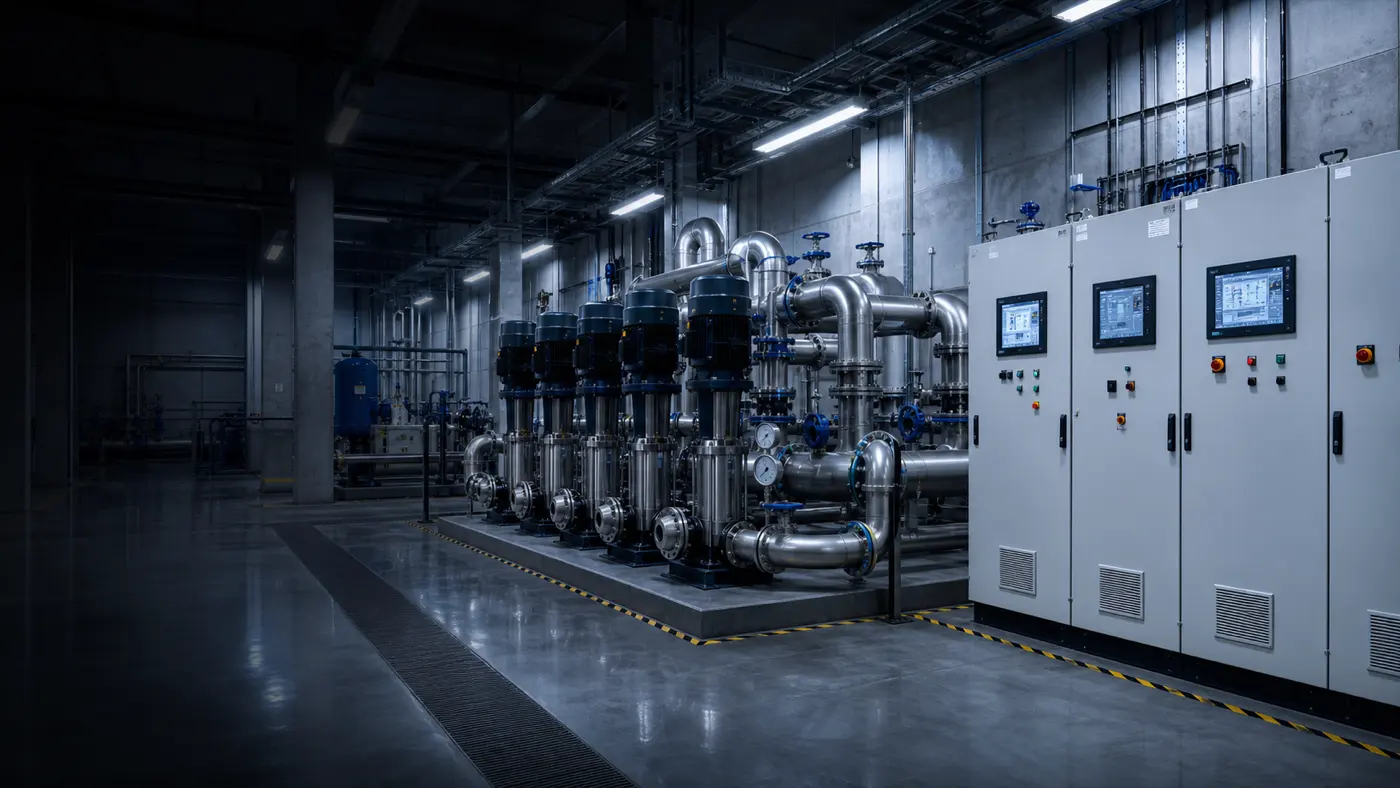 Pump room with pump group and control cabinets